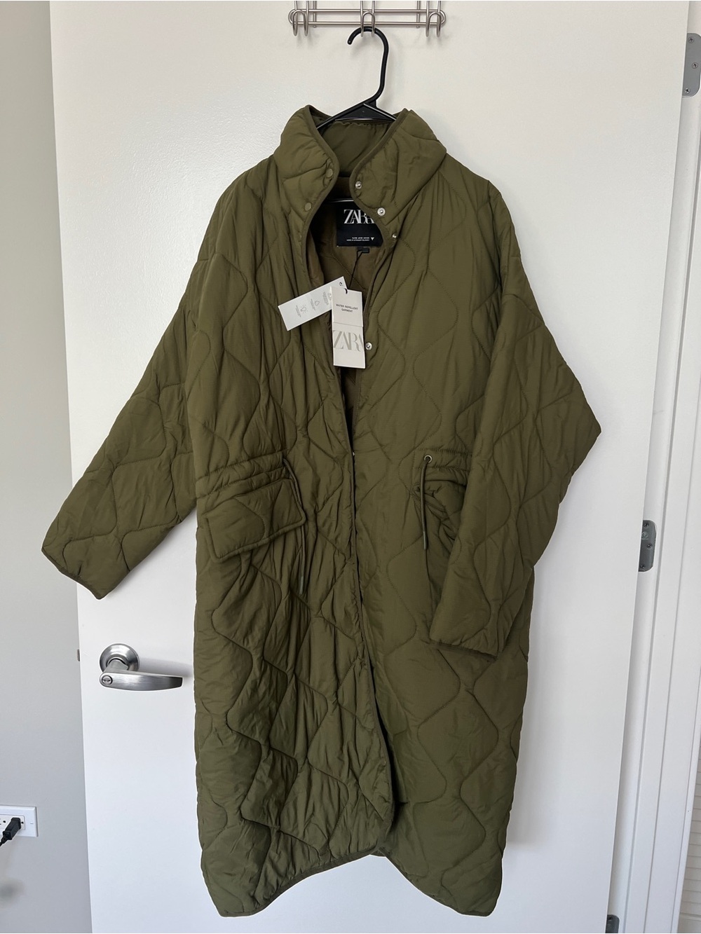 Zara Olive Quilted Long Coat SIZE S NWT